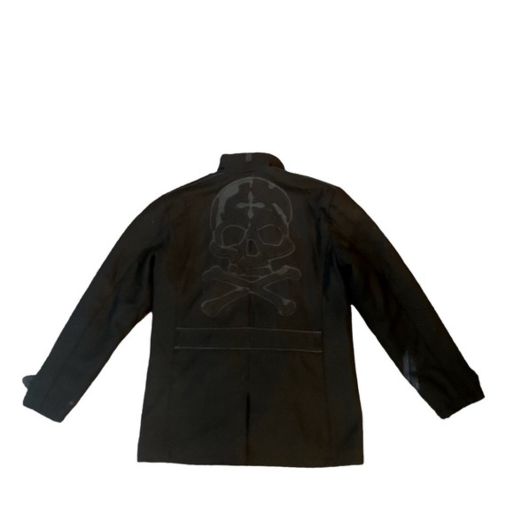 AFFLICTION BLK, WOOL BLEND SKULL EMBROIDERED PEA COAT SZ XL EXCELLENT CONDITION